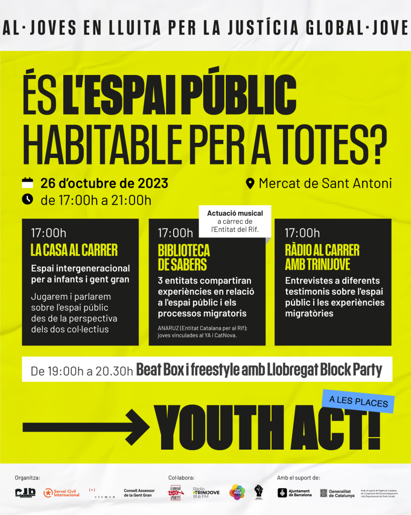 Cartell de l'acte "és l'espai públic habitable per a totes?" amb la informació recollida a la notícia sobre un fons groc.